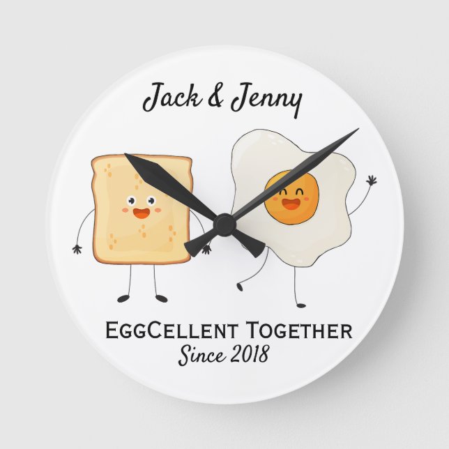 Cute Funny Happy Toast Eggcelent Together   Round Clock (Front)