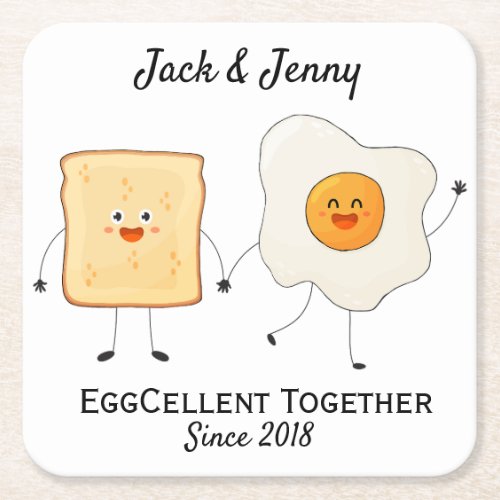 Cute Funny Happy Toast Eggcelent Together   Square Paper Coaster