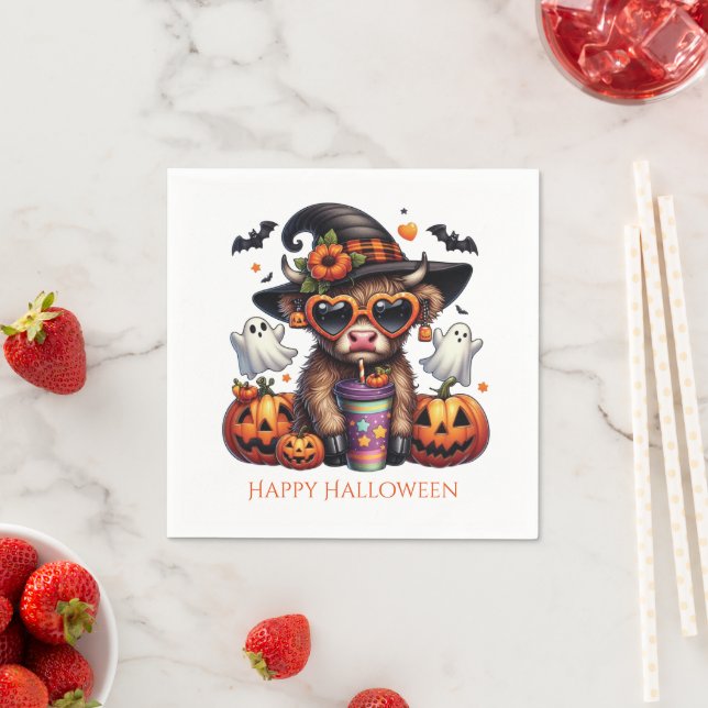 Cute Funny Highland Cow Halloween Party Napkins (Insitu)