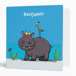 Cute funny hippopotamus with bird cartoon 3 ring binder