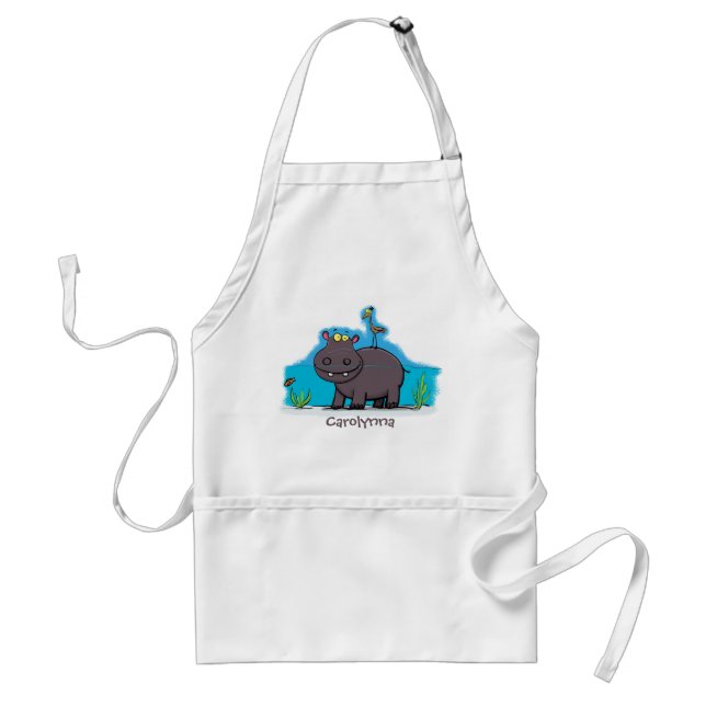 Cute funny hippopotamus with bird cartoon adult apron (Front)