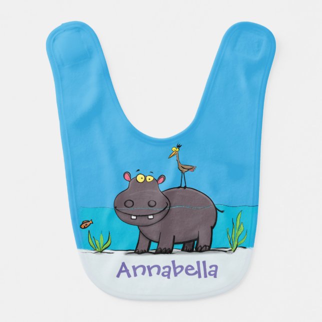 Cute funny hippopotamus with bird cartoon baby bib (Front)