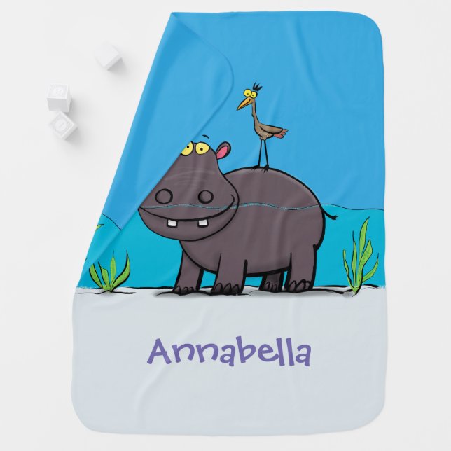Cute funny hippopotamus with bird cartoon baby blanket (In Situ)