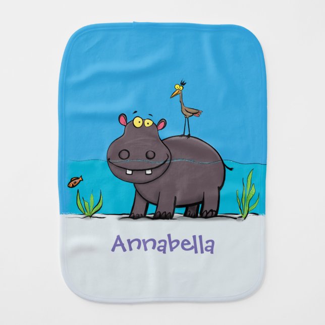 Cute funny hippopotamus with bird cartoon baby burp cloth (Front)