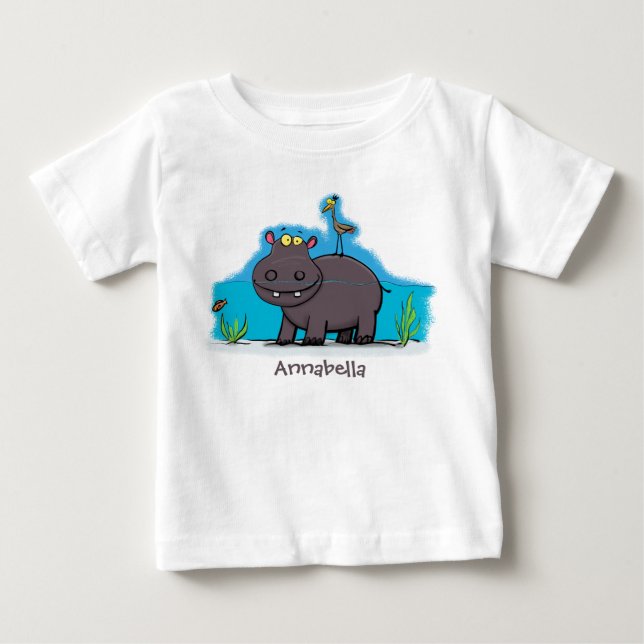 Cute funny hippopotamus with bird cartoon baby T-Shirt (Front)