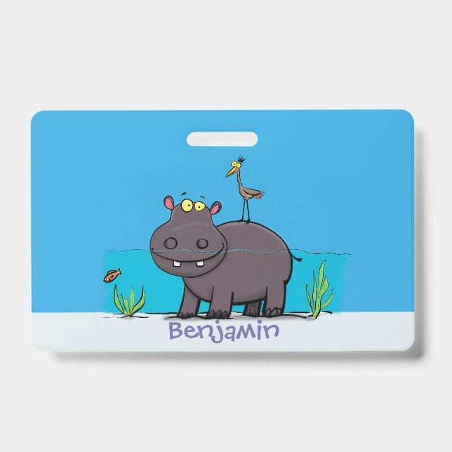 Cute funny hippopotamus with bird cartoon badge (Front)