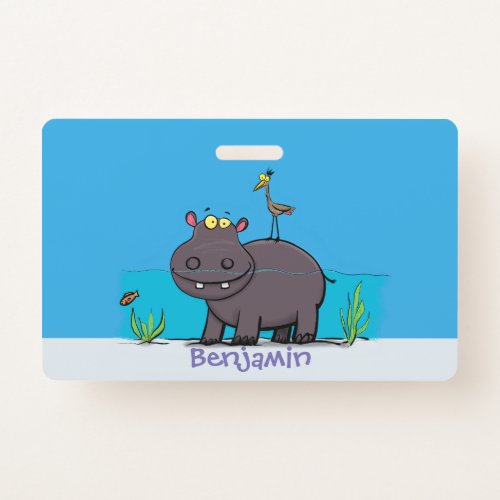 Cute funny hippopotamus with bird cartoon badge