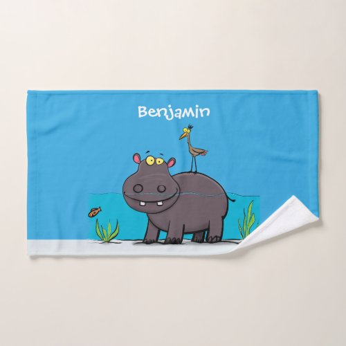 Cute funny hippopotamus with bird cartoon bath towel set