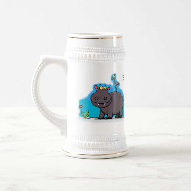 Cute funny hippopotamus with bird cartoon beer stein (Left)