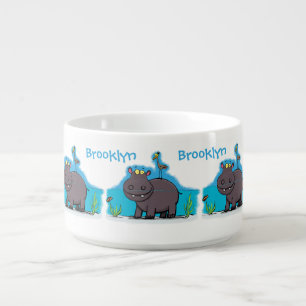 Cute funny hippopotamus with bird cartoon bowl