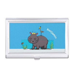 Cute funny hippopotamus with bird cartoon business card case