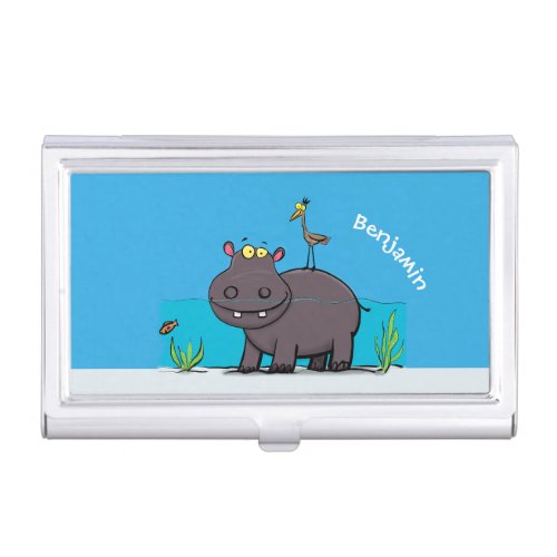 Cute funny hippopotamus with bird cartoon business card case