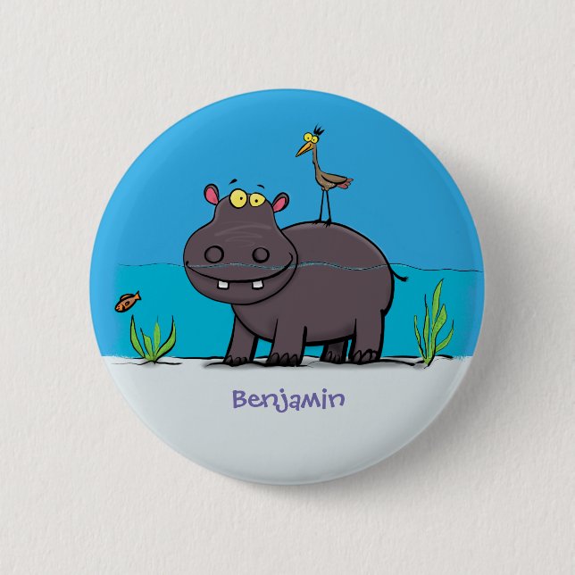 Cute funny hippopotamus with bird cartoon button (Front)