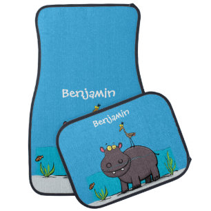 Cute funny hippopotamus with bird cartoon car floor mat