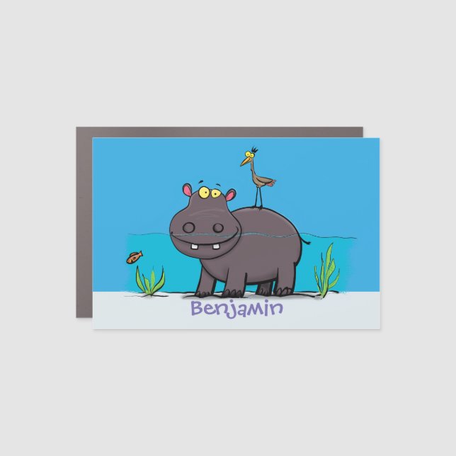 Cute funny hippopotamus with bird cartoon car magnet (Front)