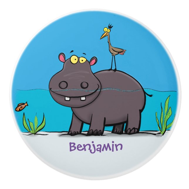 Cute funny hippopotamus with bird cartoon ceramic knob (Front)