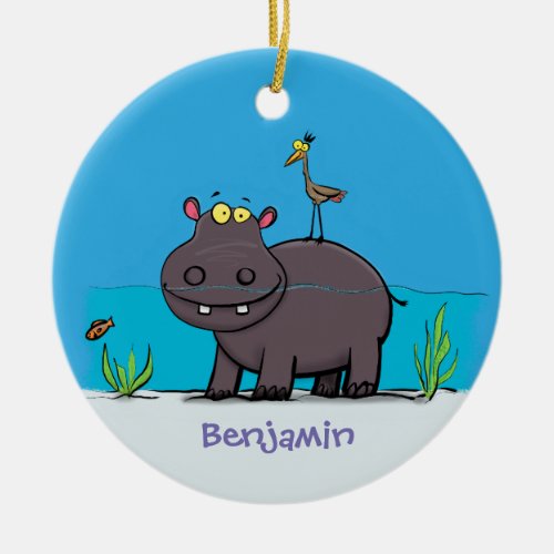 Cute funny hippopotamus with bird cartoon ceramic ornament
