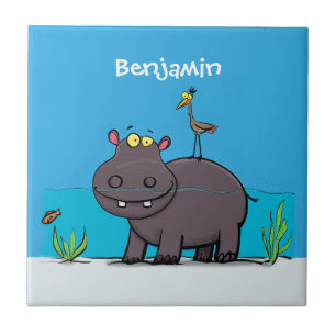 Cute funny hippopotamus with bird cartoon ceramic tile