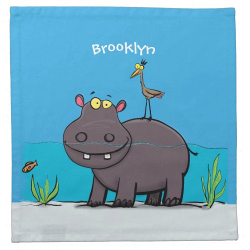 Cute funny hippopotamus with bird cartoon cloth napkin