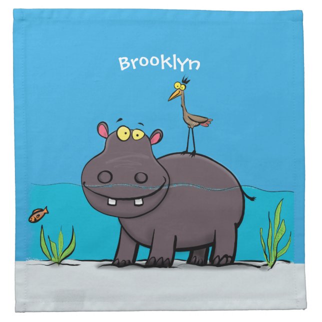 Cute funny hippopotamus with bird cartoon cloth napkin (Front)