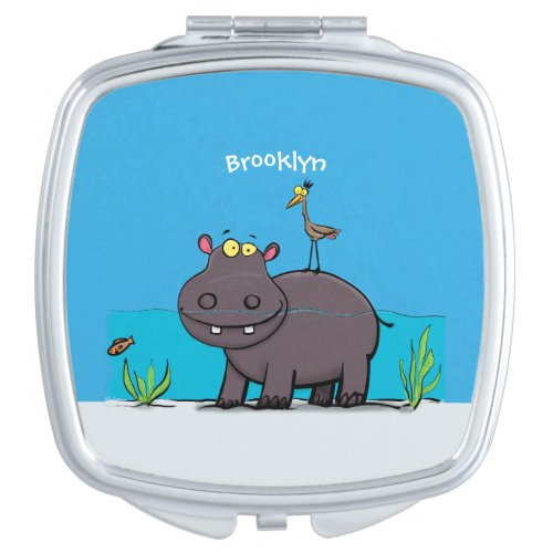 Cute funny hippopotamus with bird cartoon compact mirror