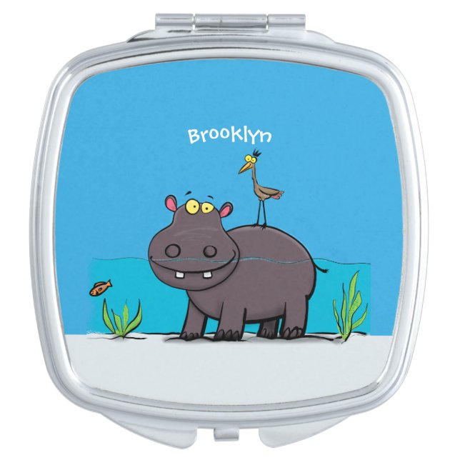 Cute funny hippopotamus with bird cartoon compact mirror (Front)
