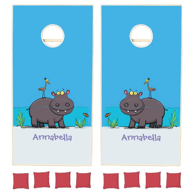 Cute funny hippopotamus with bird cartoon cornhole set (Set)