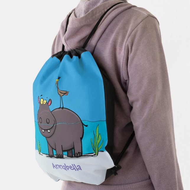 Cute funny hippopotamus with bird cartoon drawstring bag (Insitu)