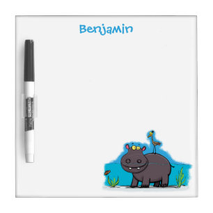Cute funny hippopotamus with bird cartoon dry erase board