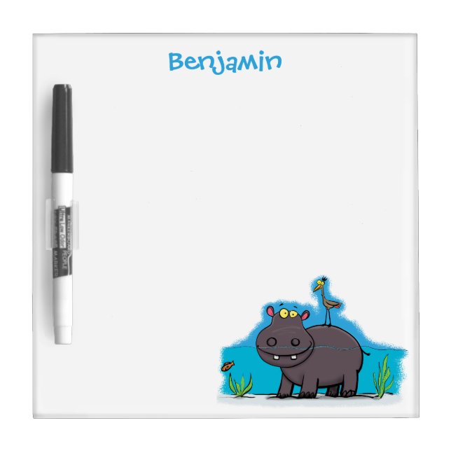 Cute funny hippopotamus with bird cartoon dry erase board (Front)