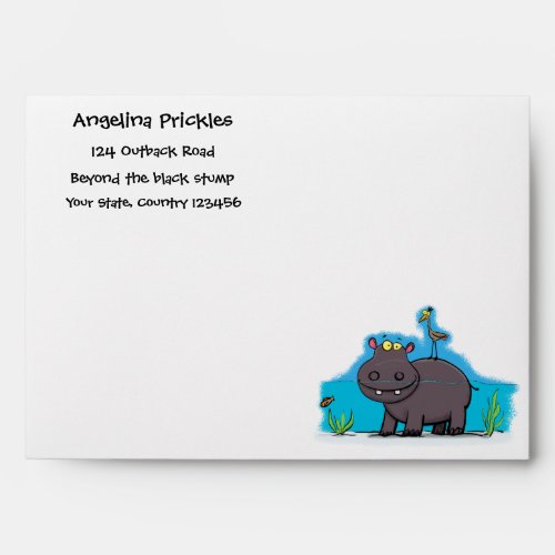 Cute funny hippopotamus with bird cartoon envelope