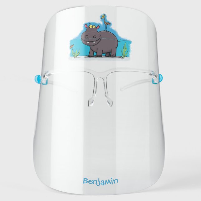 Cute funny hippopotamus with bird cartoon  face shield (Front)