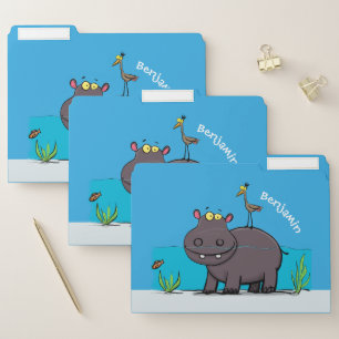 Cute funny hippopotamus with bird cartoon file folder
