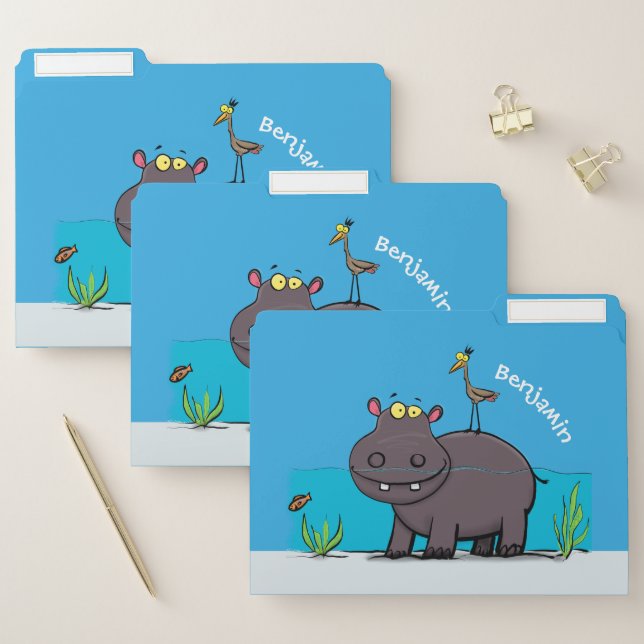 Cute funny hippopotamus with bird cartoon file folder (Set)