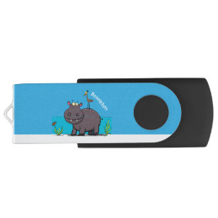Cute funny hippopotamus with bird cartoon flash drive