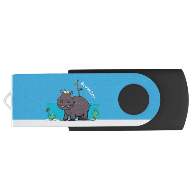 Cute funny hippopotamus with bird cartoon flash drive (Back)