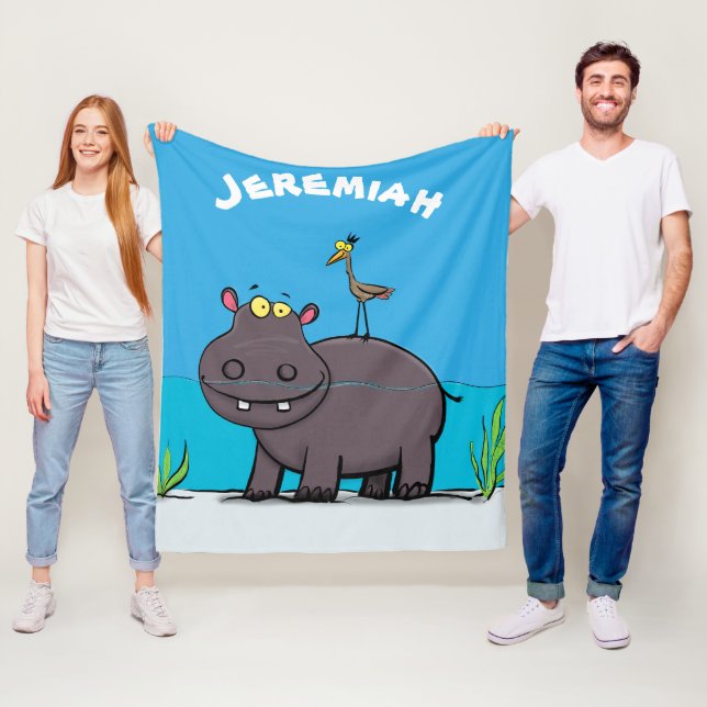 Cute funny hippopotamus with bird cartoon fleece blanket (In Situ)