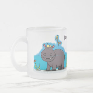 Cute funny hippopotamus with bird cartoon frosted glass coffee mug