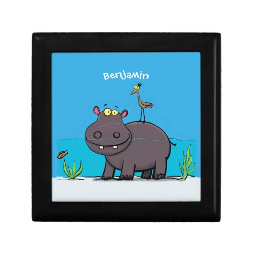 Cute funny hippopotamus with bird cartoon gift box
