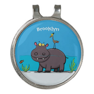Cute funny hippopotamus with bird cartoon golf hat clip