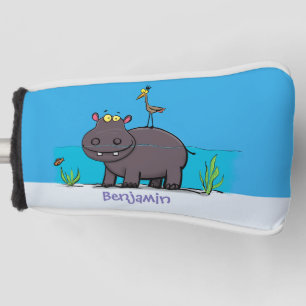 Cute funny hippopotamus with bird cartoon golf head cover