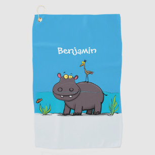 Cute funny hippopotamus with bird cartoon golf towel