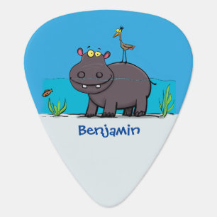 Cute funny hippopotamus with bird cartoon  guitar pick