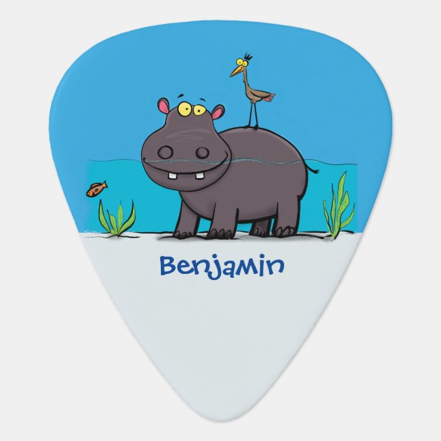 Cute funny hippopotamus with bird cartoon  guitar pick (Front)