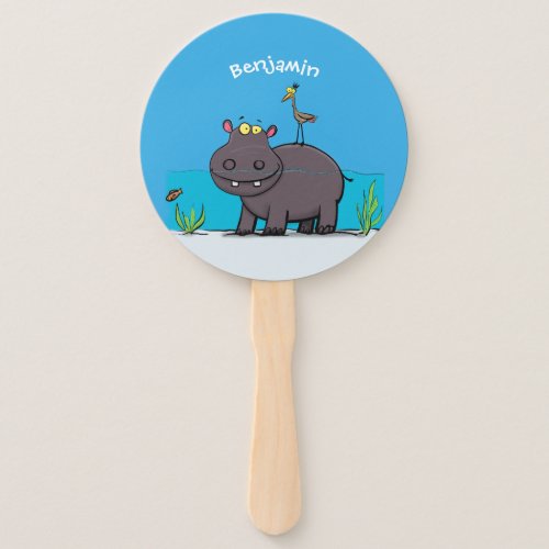 Cute funny hippopotamus with bird cartoon  hand fan