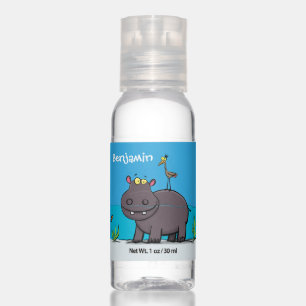 Cute funny hippopotamus with bird cartoon hand sanitizer