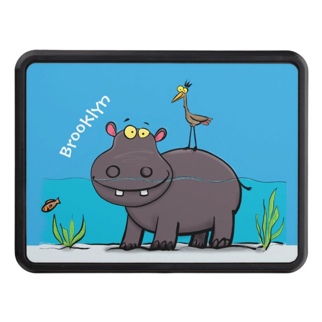 Cute funny hippopotamus with bird cartoon hitch cover (Front)