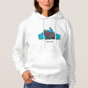 Cute funny hippopotamus with bird cartoon hoodie