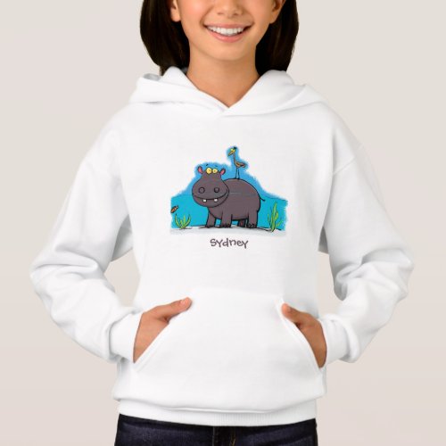 Cute funny hippopotamus with bird cartoon hoodie