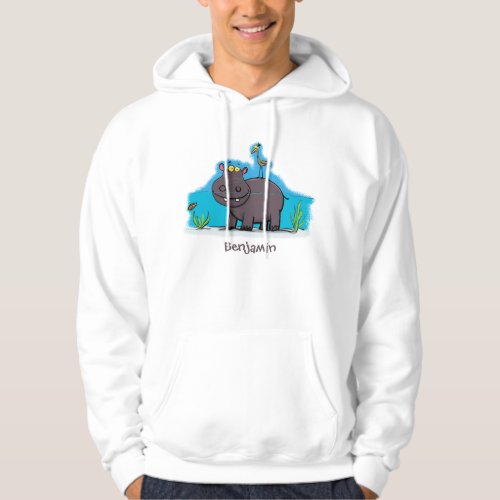 Cute funny hippopotamus with bird cartoon hoodie